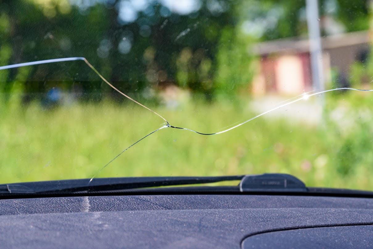 Cracked windshield in a car